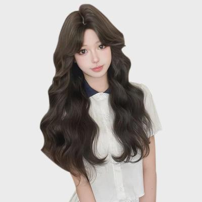 Logic Cat Full Head Long Curly Wig Set - Korean Style with Bangs and Lazy Wool Curls for Summer