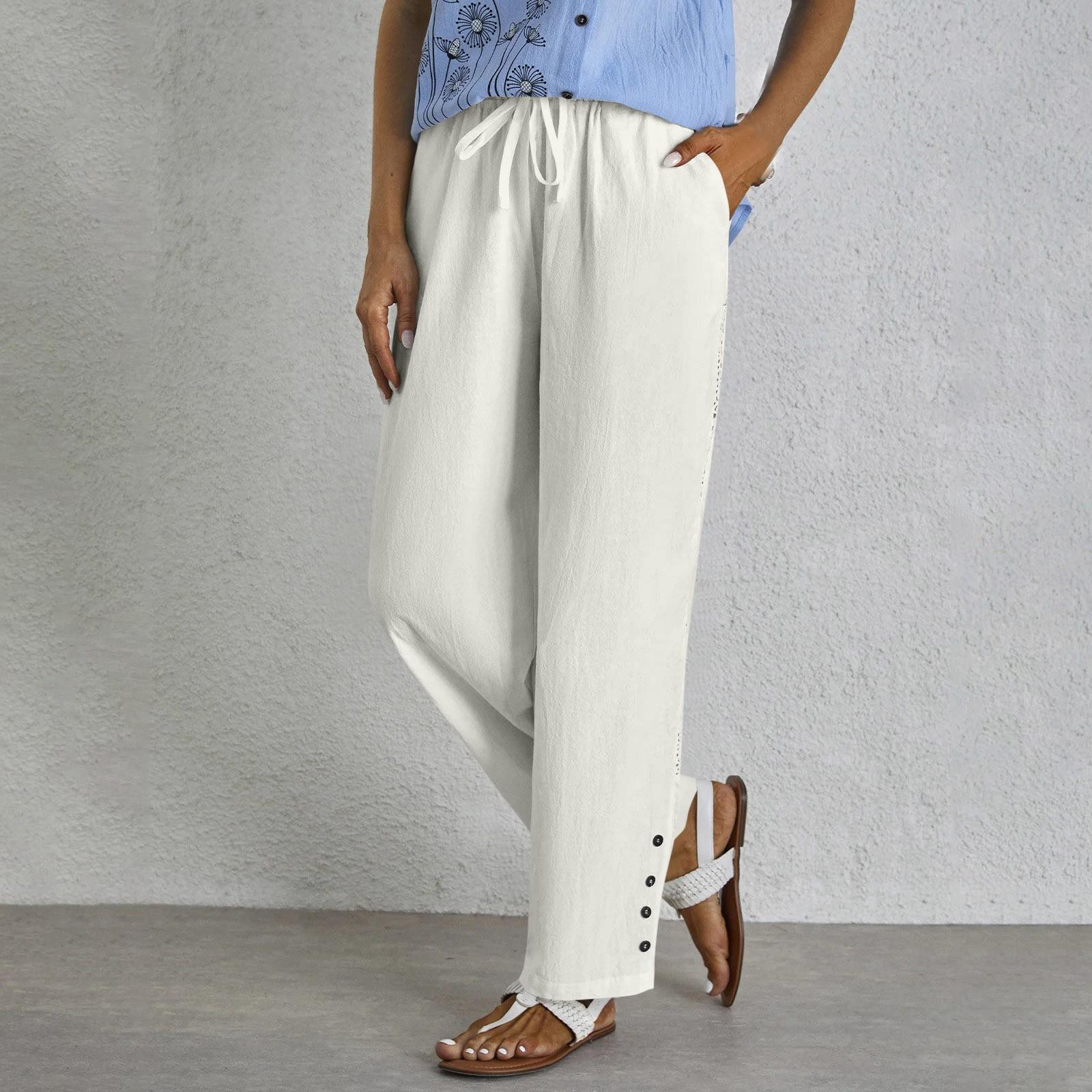 

Женские модные однотонные эластичные повседневные брюки с карманами по бокам и кружевом XL белый