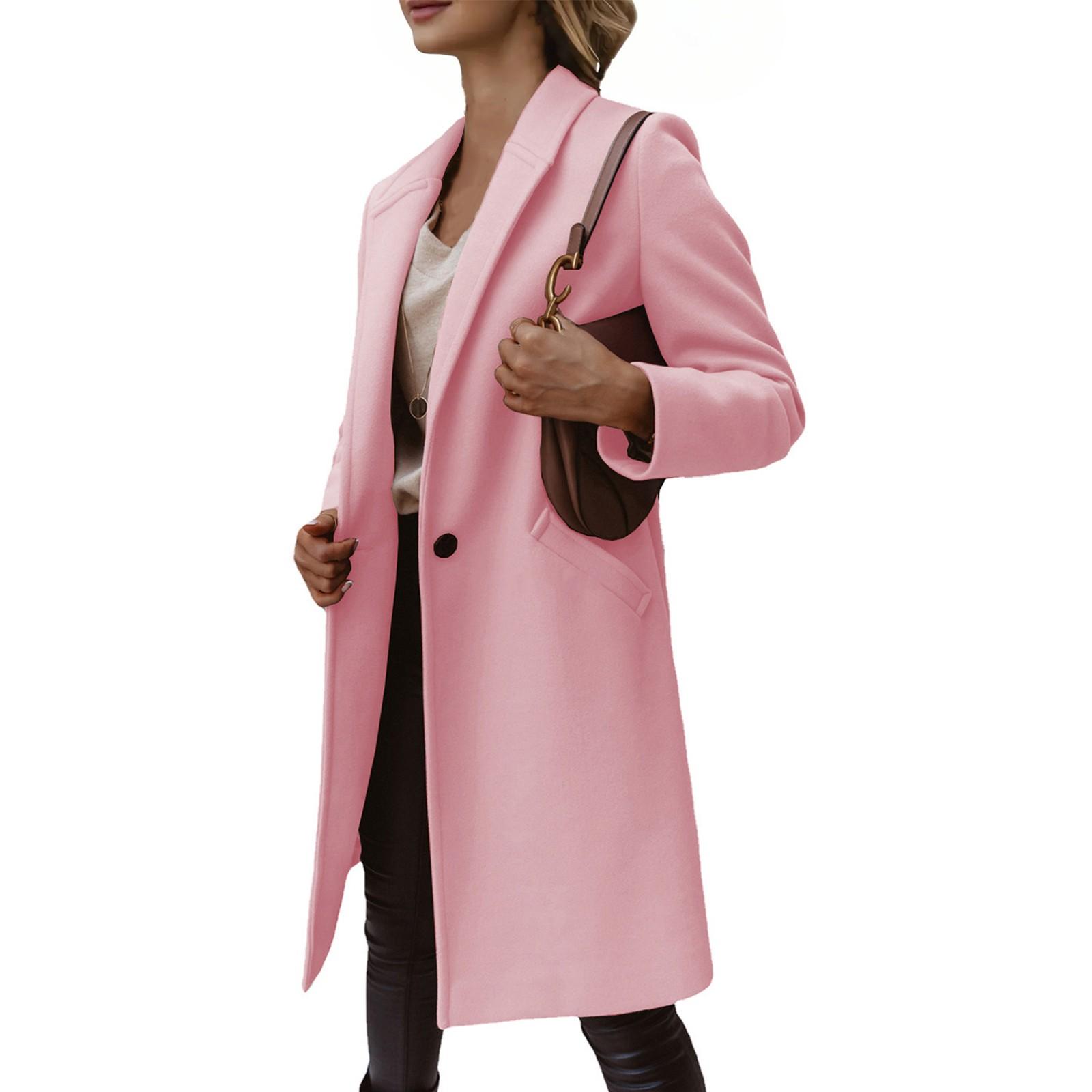 

Жіноче однотонне вовняне пальто середньої довжини на ґудзиках з лацканами M рожевий