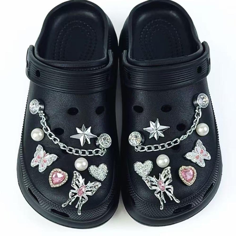 16PCS Shoe Charms Set Silver Butterfly Pink Diamond Heart-shaped Chain Shoe Decora Buckle for Sandals Clogs DIY Accessories Gift