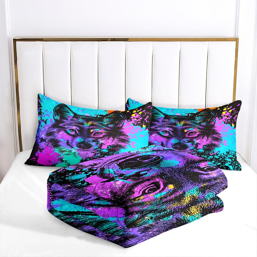 Colorful Wolf Head Quilt Fat Quilt Digital Printing Bedding Three-piece Quilt Cover