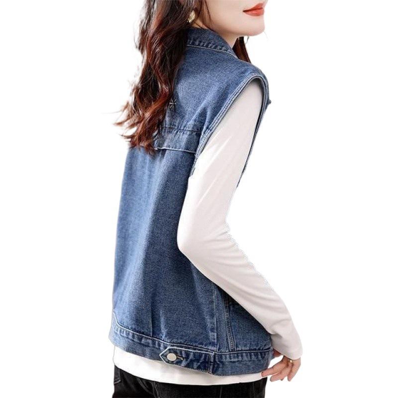 Vintage Women Denim Vest Jacket Spring Summer Sleeveless Casual Top Blue Jean Waistcoat Coat Lady Oversize Pocket Outerwear