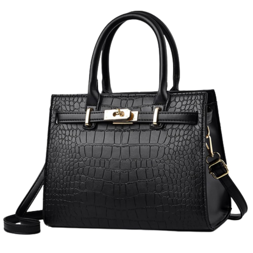 ORIJIRI Women s HandbagShoulder Bag, Crocodile-Style, Popular, Large Capacity, 2-Way, Cute PU Leather (Black)