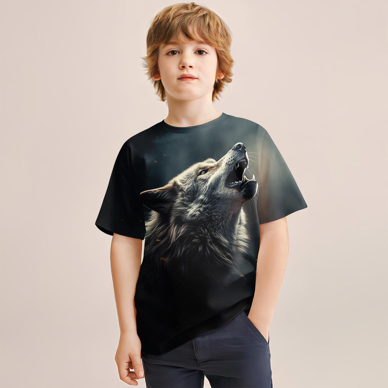 

2024 Summer Wolf Head 4-14 Years Children Kids Cool Boy Cute Girls Lightweight and Breathable 3D Print T-Shirt Tops 160CM