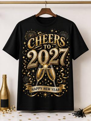 Cheers To 2027 Men'S T-Shirt New Year Celebration Champagne Fireworks Graphic Tee 100 Percent Crew Neck Short Sleeve New