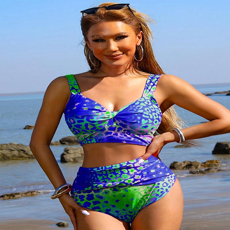 Bikini con Estampado de Leopardo en Degradado Azul y Rosa: Bañador de Estilo Europeo y Americano de Moda