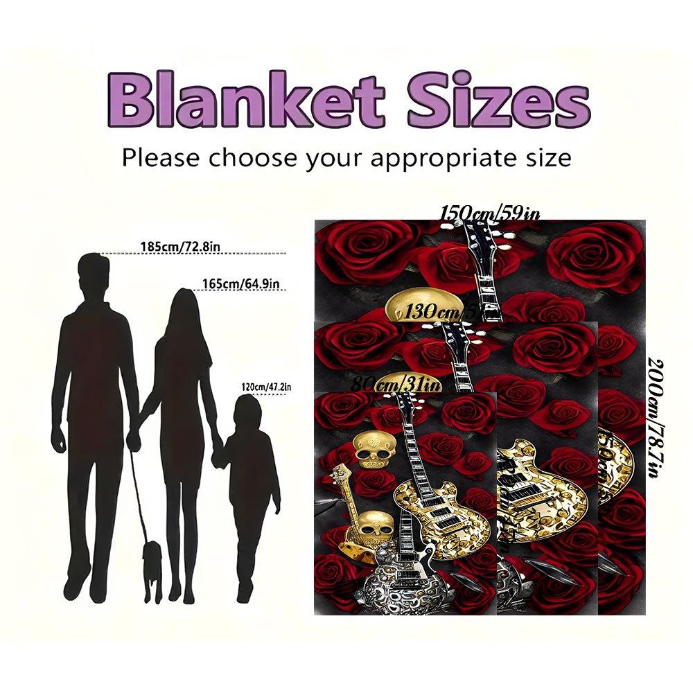 Golden Skull Guitar with Red Roses BackgroundBlanket Flannel Throw Blanket for Sofa, Bed, Travel, Camping, Office