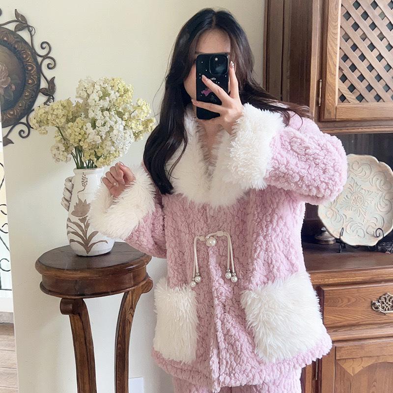 

Кашемировые пижамы, женские зимние новые кардиганы с длинными рукавами, новая утепленная теплая домашняя одежда в китайском стиле M фиолетовый