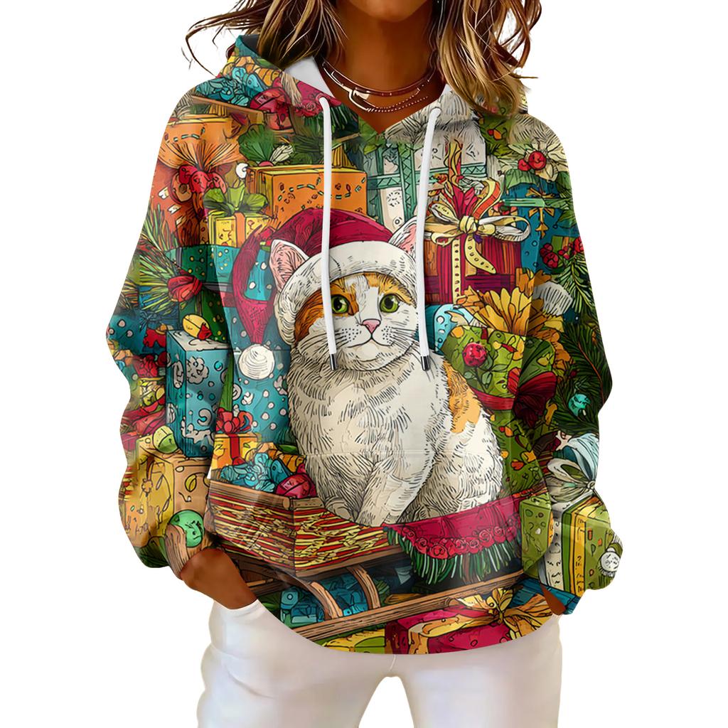 Women's Loose Comfortable Casual Fashion V-Neck Christmas Print Long Sleeve Hoodie