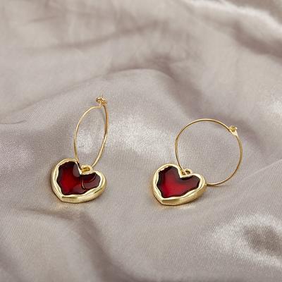 Sweet Burgundy Enamel Heart Earrings For Women  Love Heart Hanging Dangle