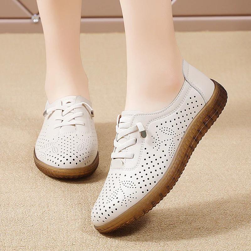 Outdoor Women Jogging Casual Shoes Cow Leather Soft Sole Slip-on Flat Loafers Ladies Sneakers Breathable Walking Trainers Summer