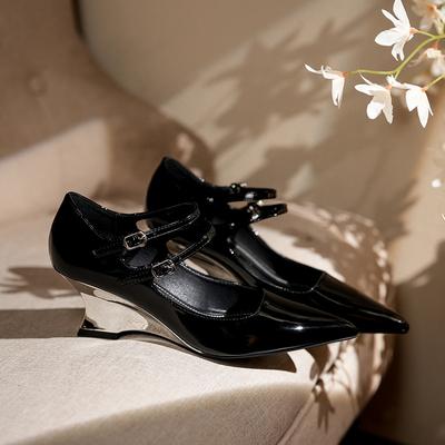 Wedge Heel Sheepskin Single Shoes Women's Pointed Head Temperament One-word Buckle Belt Mary Jane Shoes High Heels Spring and Autumn