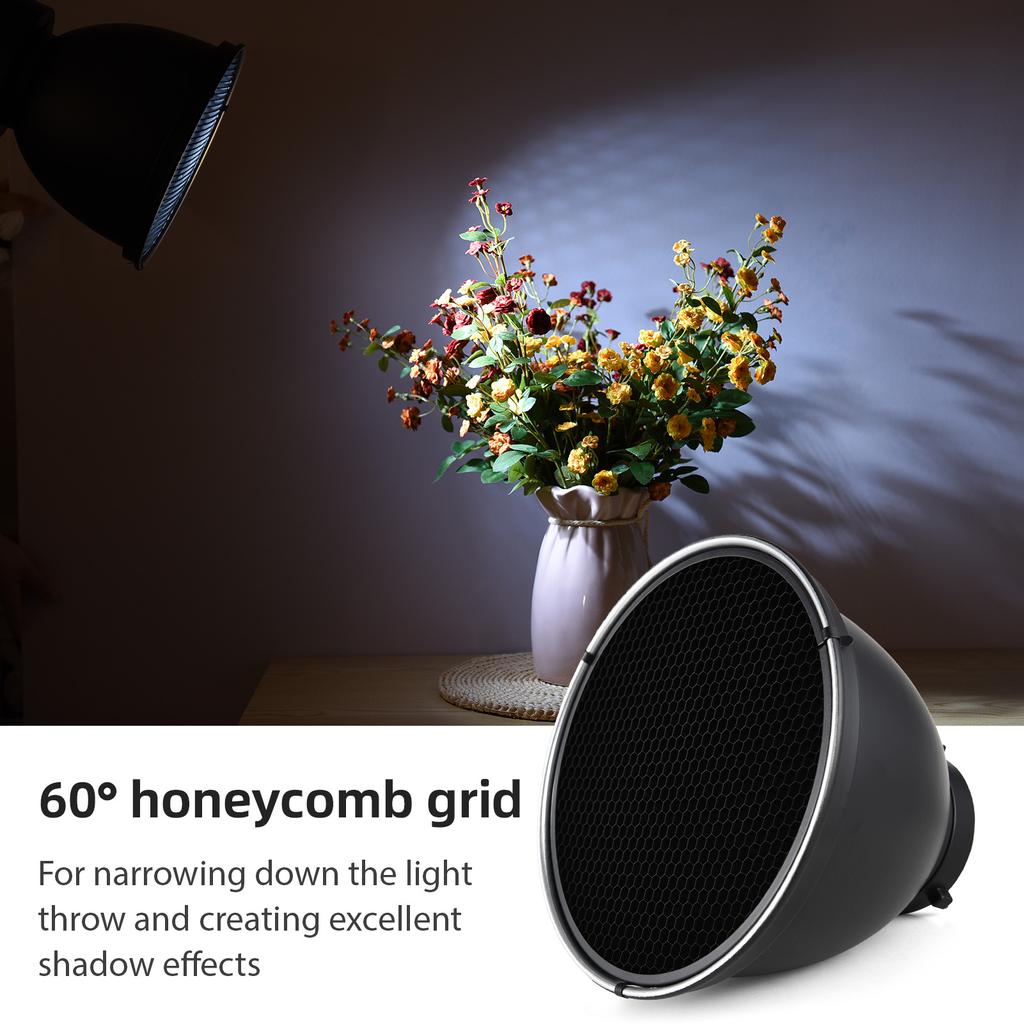 9 Inch Reflector Diffuser Bowens Mount Photography Lamp Shape Dish with 60 degrees Honeycomb Grid & White Soft Cloth