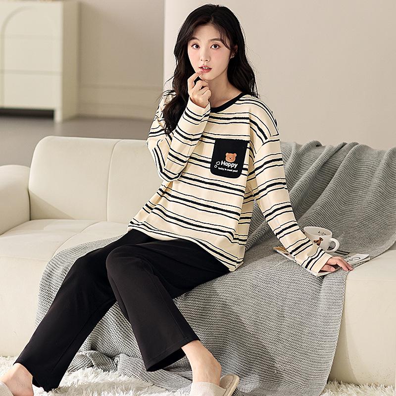 

Cotton Striped Long Sleeve Couple s Pajamas - Spring/Autumn Casual Set for Women XXL