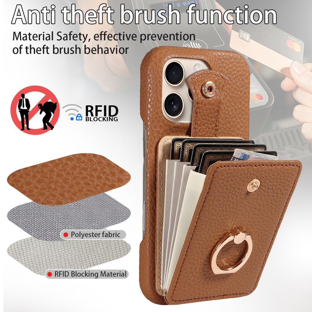 Litchi Texture PU Leather Wallet Case for iPhone 13 Pro Max, Accordion Card Holder with Ring Kickstand & Crossbody Strap, Shockproof Cover