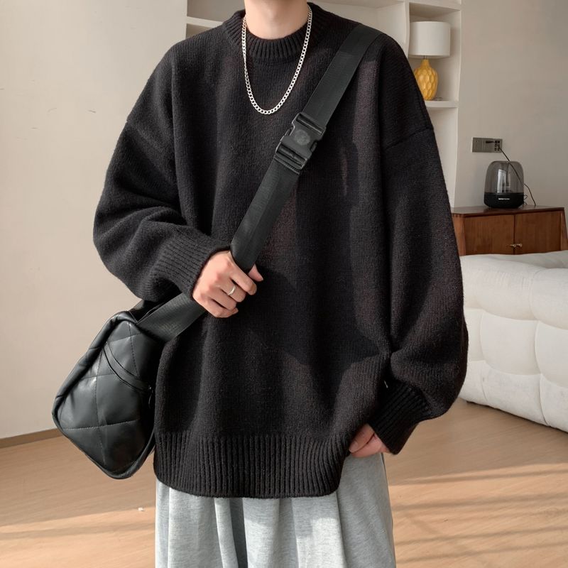 American-Style Lazy Round-Neck Sweater for Men, Winter Trendy Vintage Couple Knitwear, Retro Solid Color Pullover