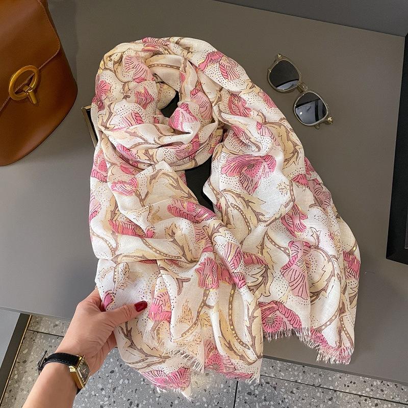 Spain Fashion Lotus Floral Fringe Viscose Shawl Scarf Lady High Quality Wrap Pashmina Stole Bufandas Muslim Hijab 180*90Cm