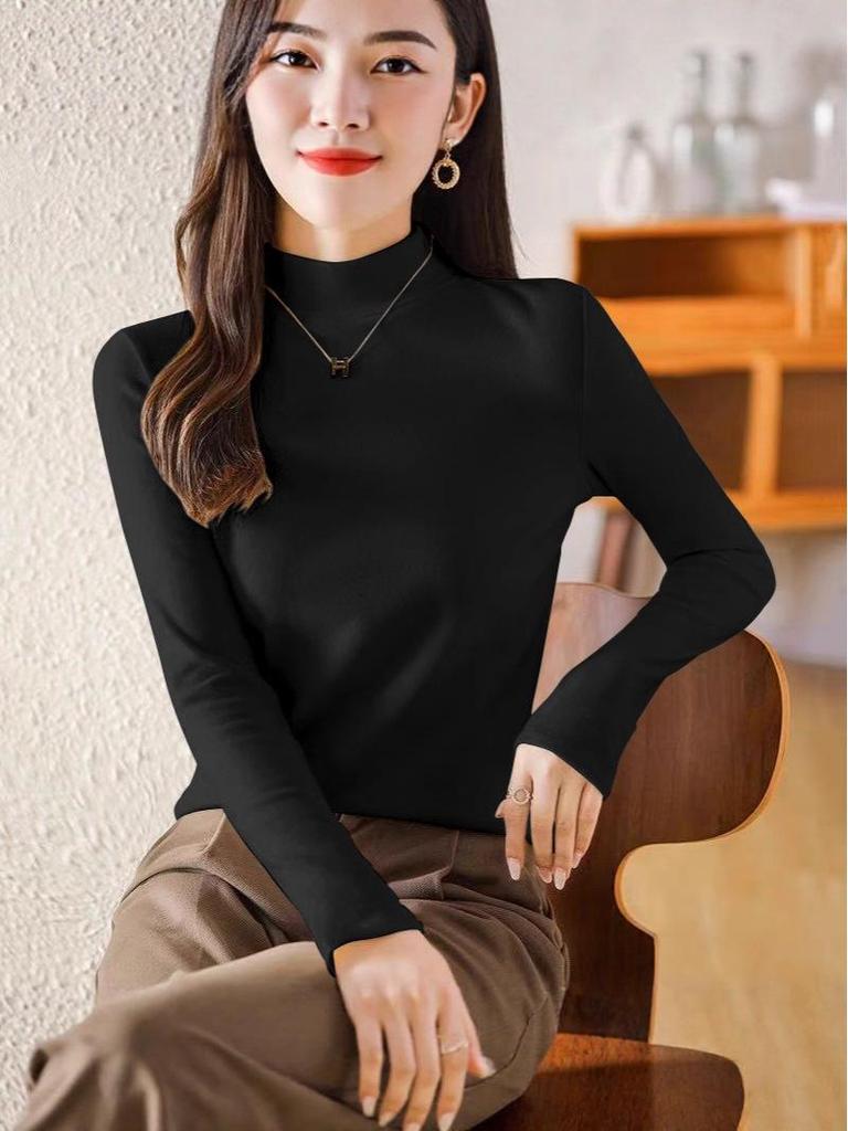 Women's Plus Velvet Half-High Collar Long-Sleeve Fleece Base Layer Top - Autumn/Winter