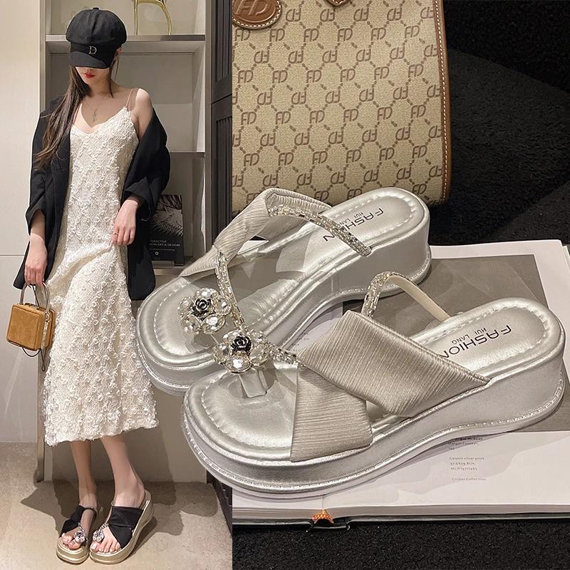 Women's Wedge Slippers Bow Rhinestones Waterproof Table Shoes for Women Dress Seaside Fairy Style Zapatillas De Mujer