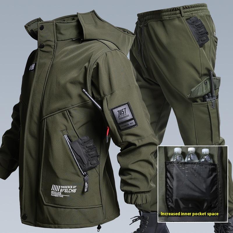 Autumn and Winter Fleece Waterproof Jacket Set, Soft Shell Mountaineering Warm Clothing, Labor Protection, Dirt-resistant Workwear