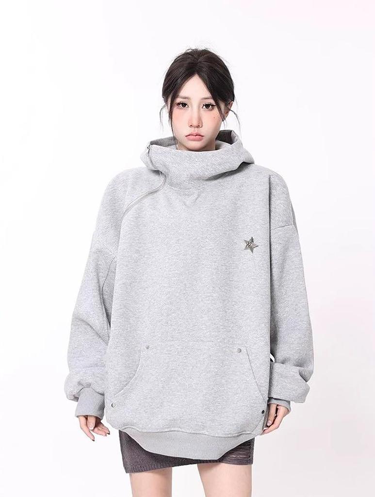 TOWYYO Turtleneck Hoodie with Star Zipper Solid Long Loose Plus Sizes Voluminous Ninja Winter Women's Harajuku-Style Decoration, Closure, Color,