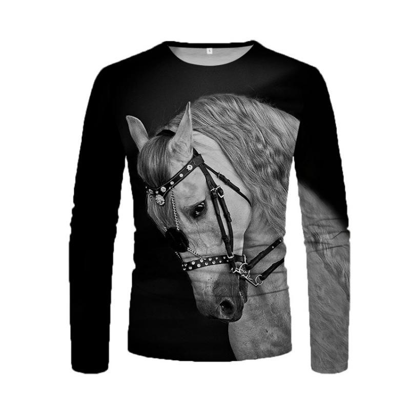 

Spring and Autumn Round Neck 3D Horse Printed Top Fashionable Casual Long Sleeved Men s T-shirts L