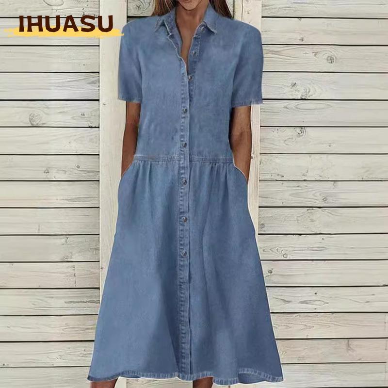 IHUASU Women's Fashion Summer Spring Solid Color Print Short Sleeve POLO-Neck Casual Dresses