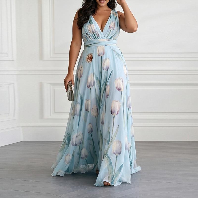 Women s spring new, European and American dresses, temperament printed waist V-neck dresses S синий