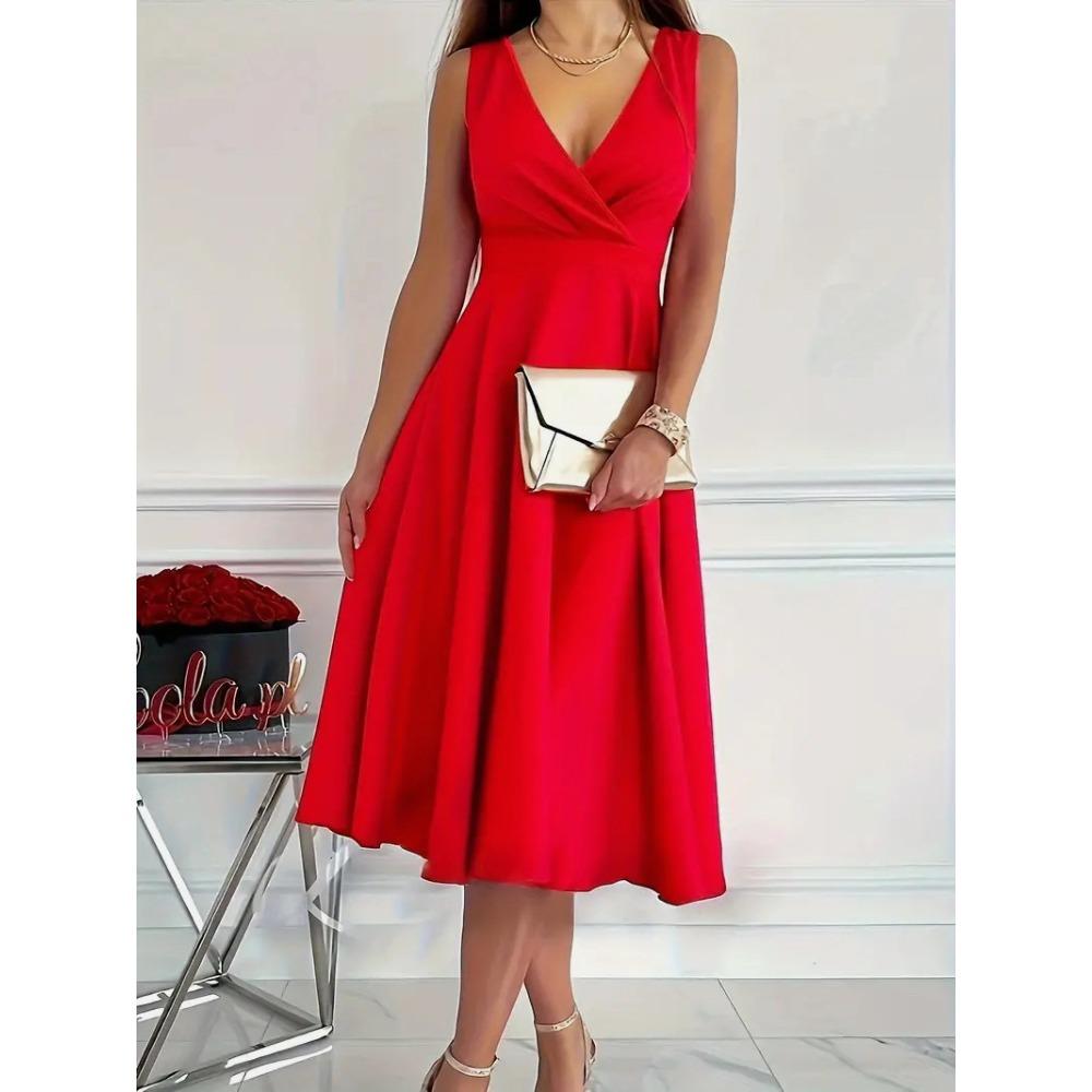 Women's Sleeveless V Neck Midi Dress High Waist A Line Solid Color Evening Party Swing Dress