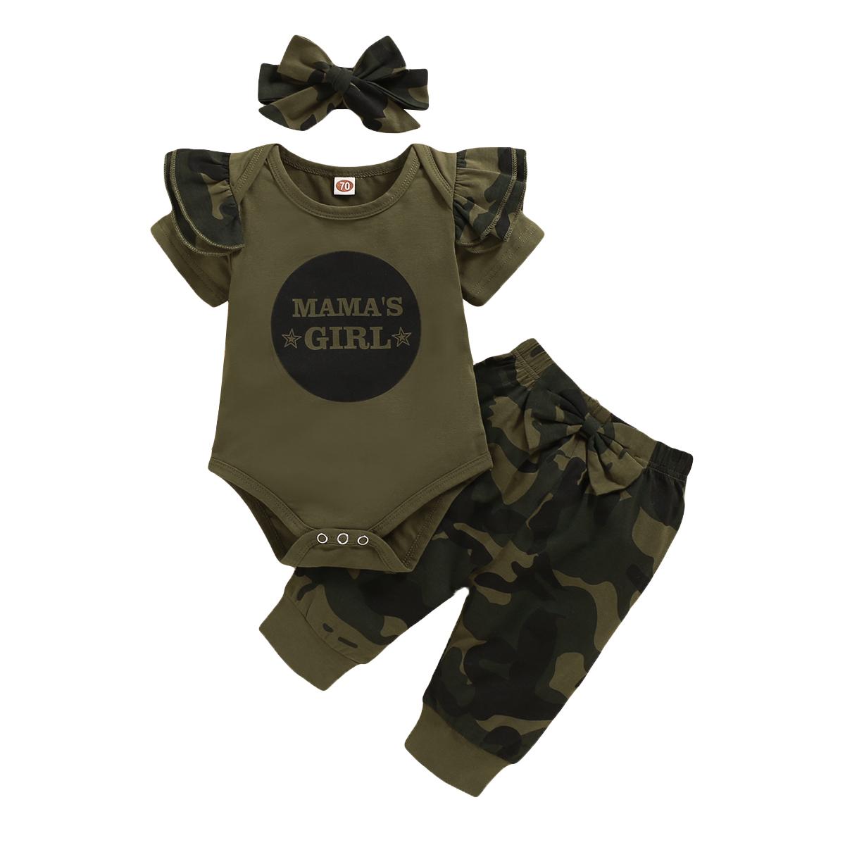 Infant Baby Girl Clothes Set Cotton Solid Letters Short Sleeve Romper Camouflage Pants and Bowknot Headband 3pcs Outfit 0-3M оливковое зеленый