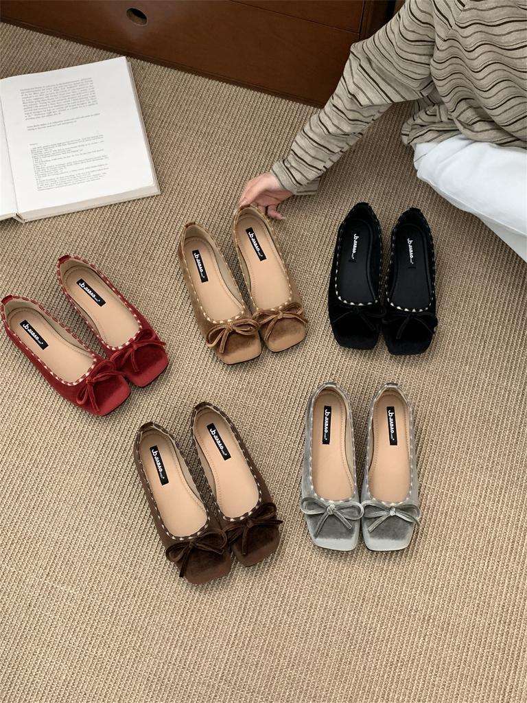 Square Head Retro Small Red Bow Shallow Mouth Evening Single Shoes Women's 2025 New Ballet Gentle Grandma Shoes