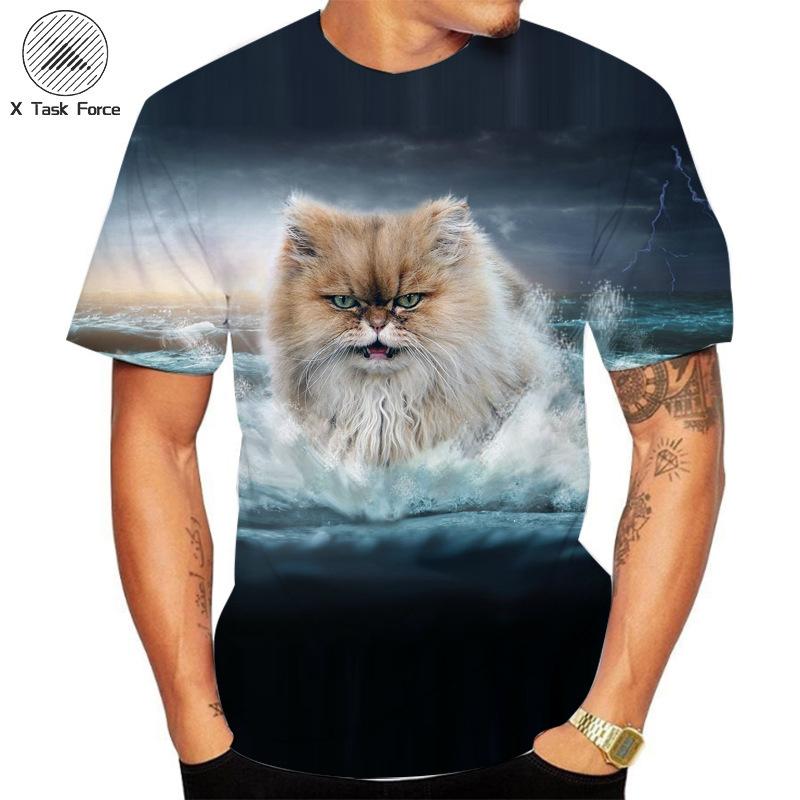 Summer Round Neck 3D Cat Printed Top Fashionable Casual Short Sleeved Men's T-shirts