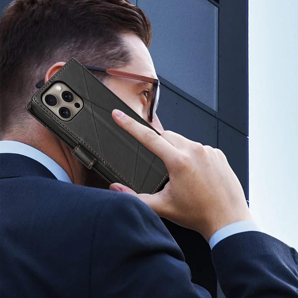 DF-06 Etui portfelowe na iPhone 16 Pro z wytłoczeniem linii, wstrząsoodporne etui na telefon