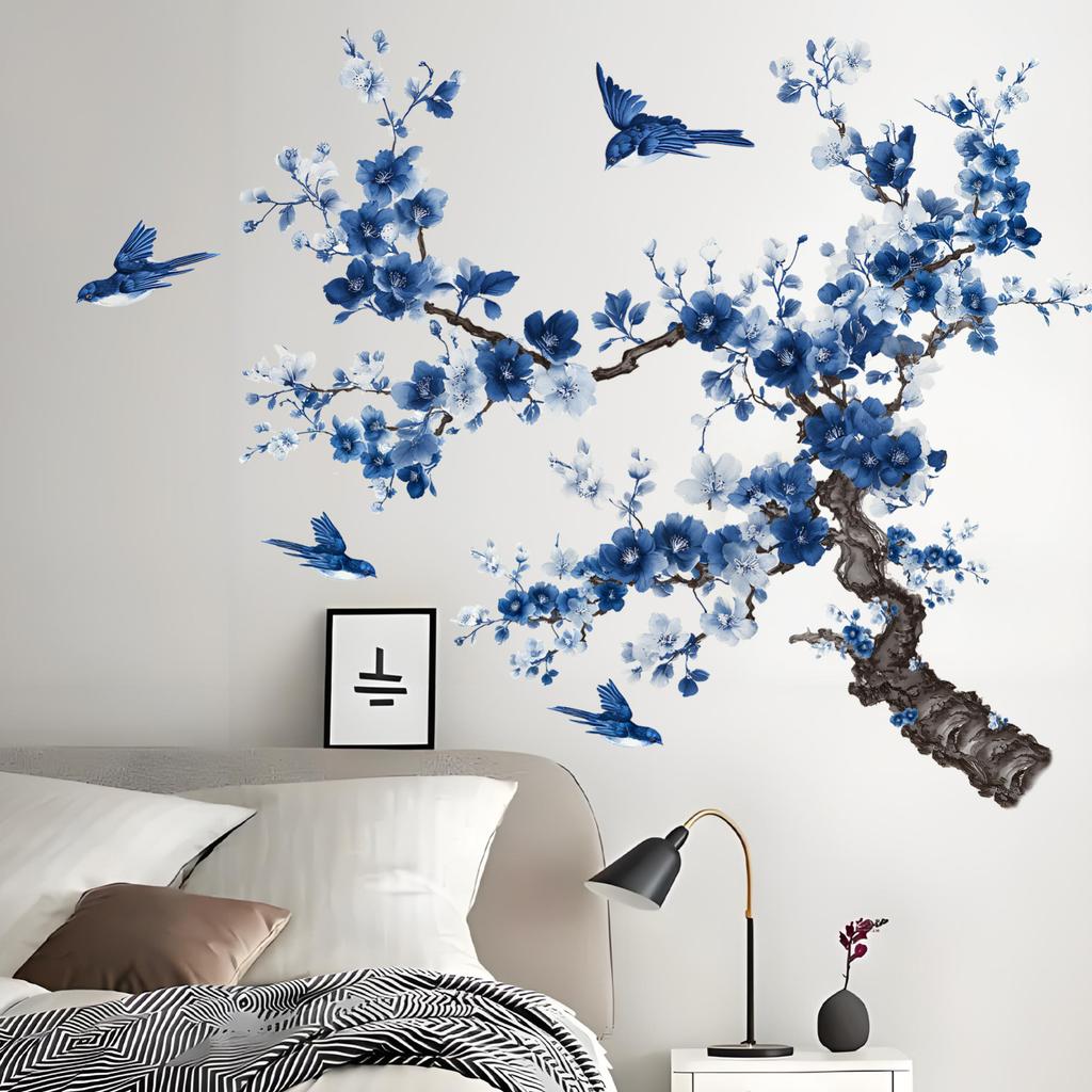 Ramas y Pájaros Pintados de Azul Pegatina de Pared para Decoración del Hogar en Dormitorio Sala de Estar