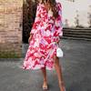 Women Autumn Winter Long Sleeve Print V-neck Casual A-Line Knee Length High Waist Dress