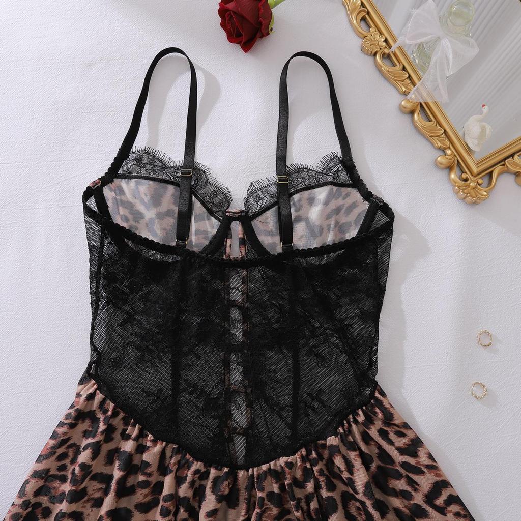 Rochie Sexy din Plasă pentru Femei cu Imprimeu Leopard și Patchwork din Dantelă, Decolteu în V cu Bretele Subțiri, Decupată, Bodycon, Croială Strâmtă