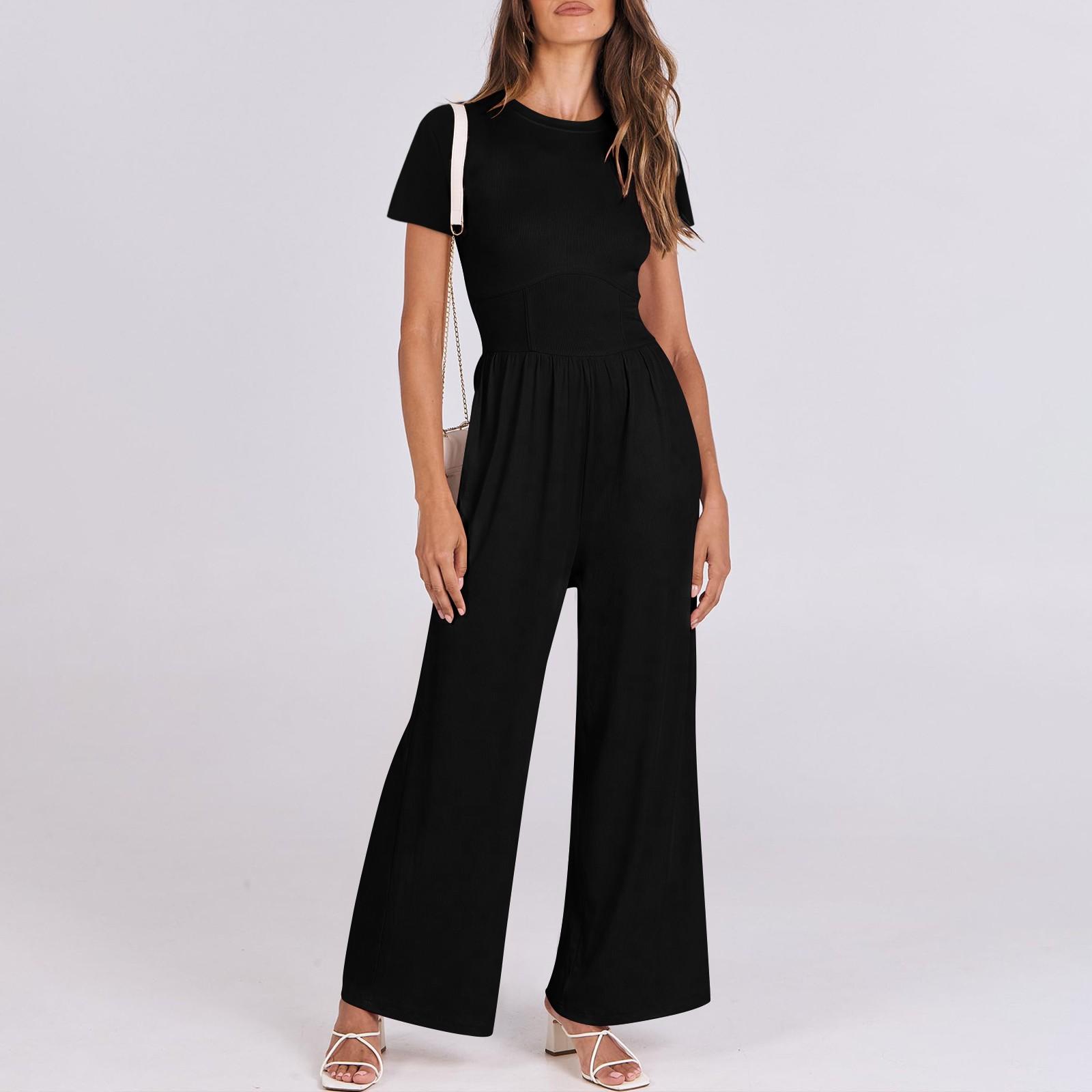 

Женский летний однотонный комбинезон с высоким воротом и короткими рукавами на молнии с широкими карманами XXL чёрный