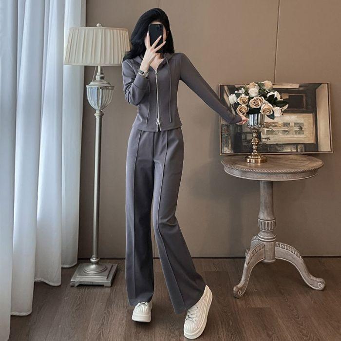 Fashionable Temperament Suit, Lazy Style Hooded Slim Fit Zipper Sweatshirt Casual Wide-leg Pants Two-piece Set