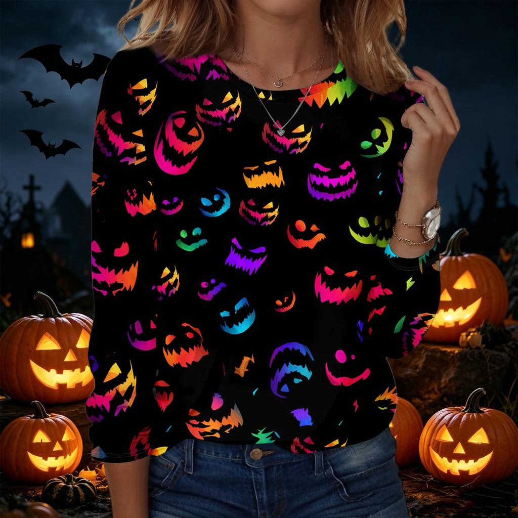 Women's Halloween Printed Pullover Sweatshirt Long Sleeve Crew Neck Casual Top for Fall and Winter Seasonal Wear