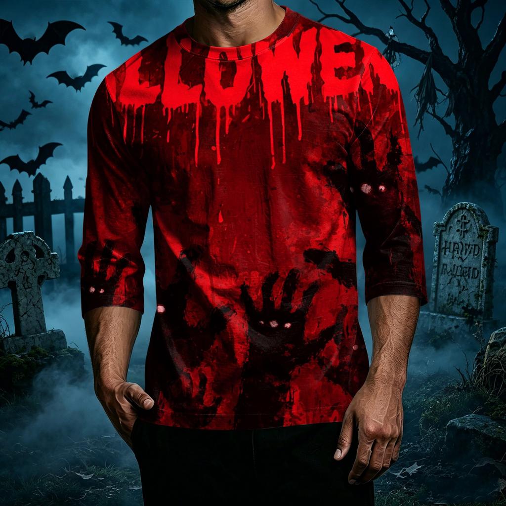 Men's Casual Halloween Graphic Crew Neck T Shirt Three Quarter Sleeve Top Lightweight Comfortable Fit
