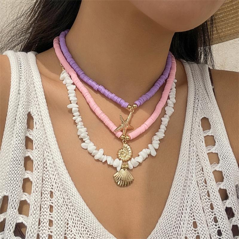 Pack of 3pcs Ocean Inspired Shell Bead Necklaces Layered Neckchain Adjustable with Unique Accents for Women And Girls