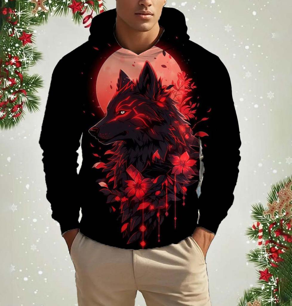 Men's Hooded Fashion Animal Wolf 3D Print Hoodies Top New Autumn Fashion Casual Long Sleeved Pullover Oversized Sweatshirts
