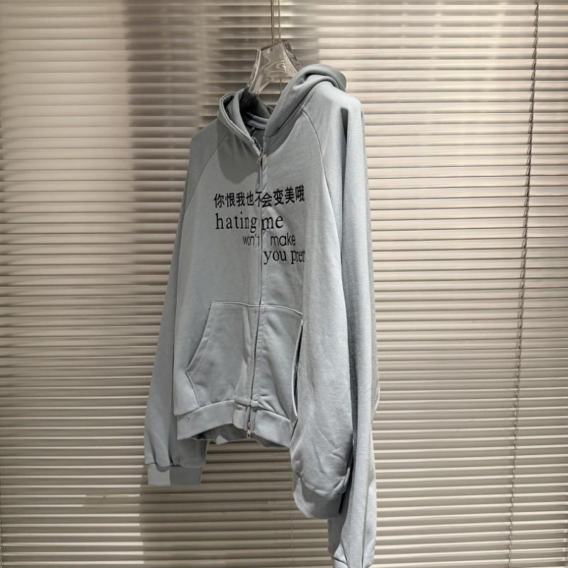 Unisex Oversized Distressed Letter Print Zip-Up Hoodie Casual Cotton Sweatshirt Fall