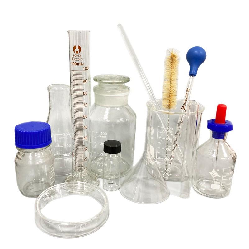 Zestaw szklanej kolby stożkowej z gumową główką, zlewką, zakraplaczem i probówką (50 szt)