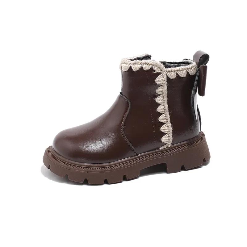 2024 Children Short Boots for Girls Winter New Fashion Korean Style Soft Sole Anti-slippery Versatile Sweeet Bowtie Leather Shoe