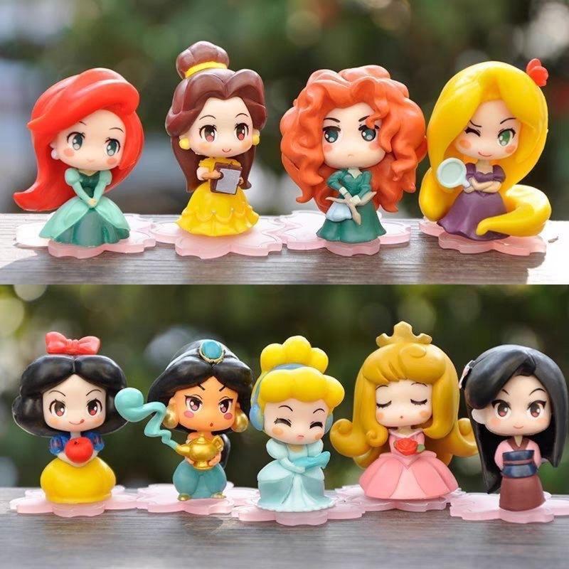 9Pcs Q Version Cute Princess Figures 5-5.5Cm Height Desktop Ornament Snow White Kids Birthday Collectible Gift Toy Anime Model