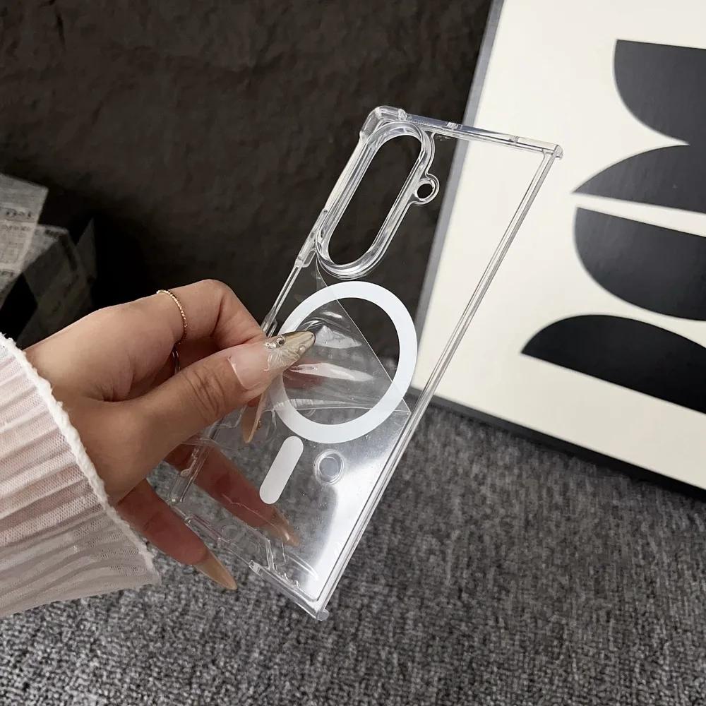 Luxury Transparent for Magsafe Hard Case for Samsung Galaxy Z Fold 7 6 5 4 3 Zfold Magnetic Wireless Charging Airbag Slim Cover