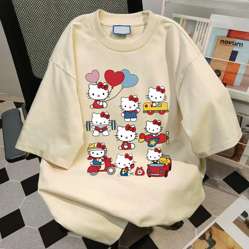 Hello Kitty Kawaii Cotton Tshirt Sanrioed Anime Fashion Womens Top Summer Casual Street Personalized Sweet Girl Top Tshirt
