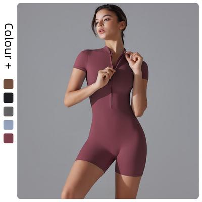 Women's Half-Zip Short-Sleeve Yoga Bodysuit - Solid Color, High Elasticity, Tight Fit for Summer