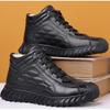 Mens Black Genuine Leather Fur Lined High Top Sneakers Elastic Lace Warm Winter Shoes For Outdoor Casual Street Style  Versatile